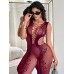 Fishnet Open Crotch Floral Bodystocking in Burgundy