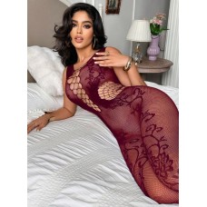 Fishnet Open Crotch Floral Bodystocking in Burgundy